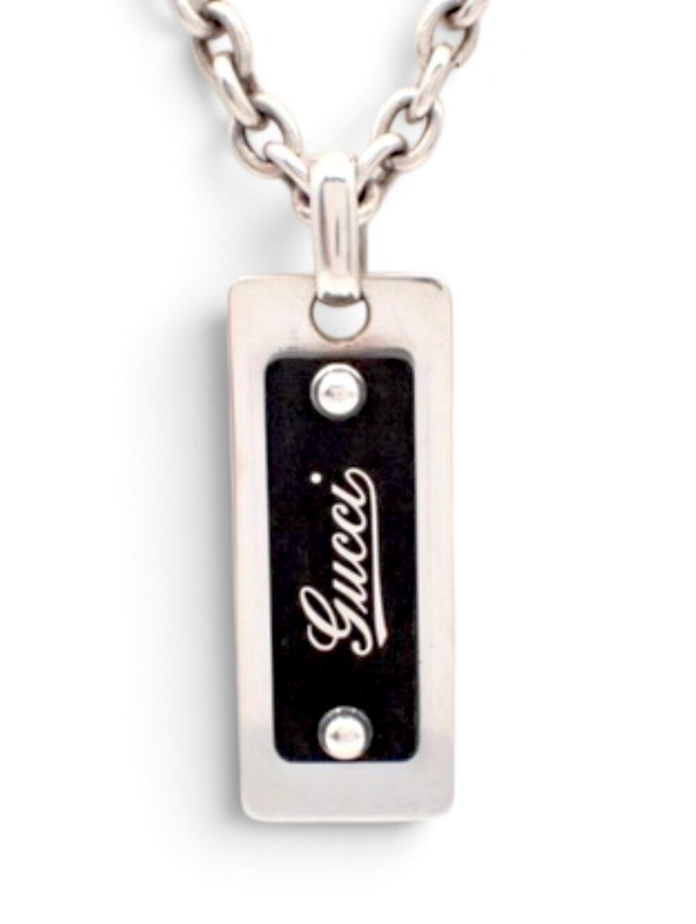 Gucci Unisex 925 Silver Black Logo Rectangular Pendant Necklace Sterling